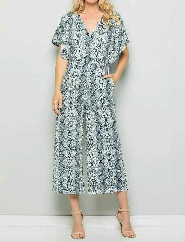 Snake Print Surplice Jumpsuit In Grey