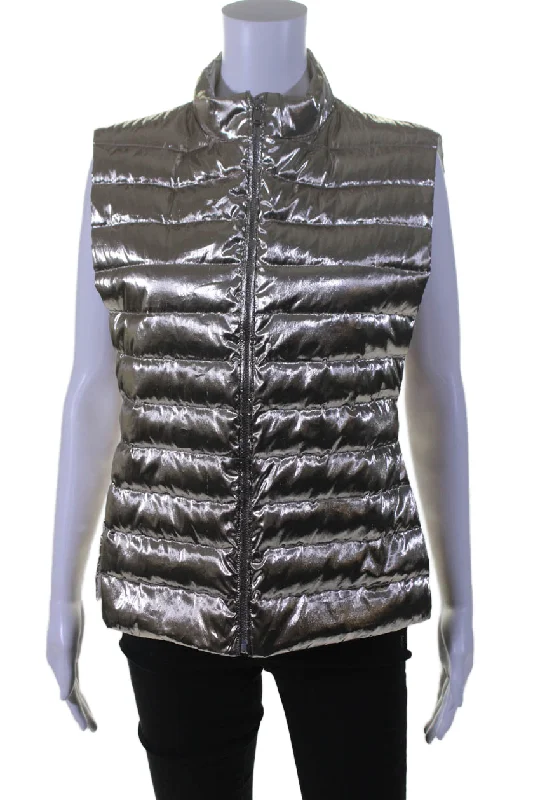 Seventy Womens Metallic Silver High Neck Zip Up Puffer Vest Jacket