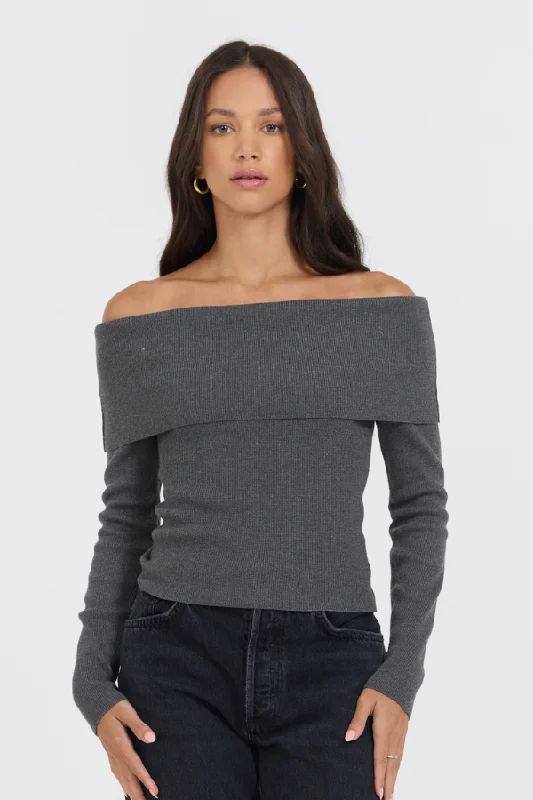 Heather Charcoal Off Shoulder Sweater