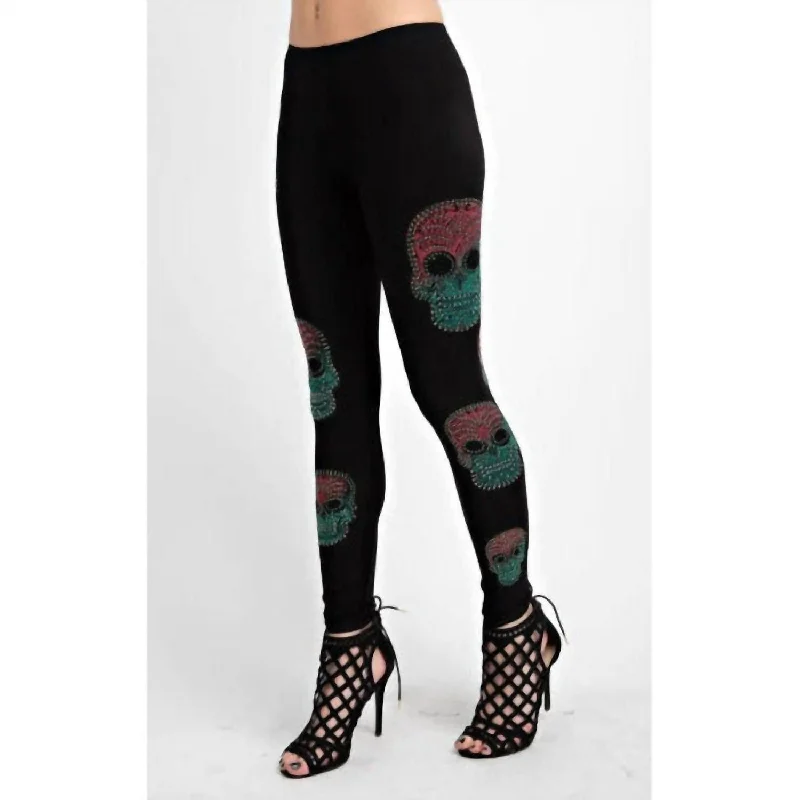 Rhinestone Sugar Skulls Leggings In Black