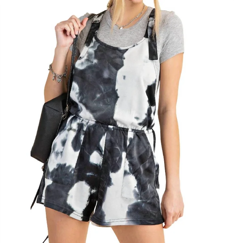 Tie-Dye D-Ring Strap Romper In Charcoal Mix