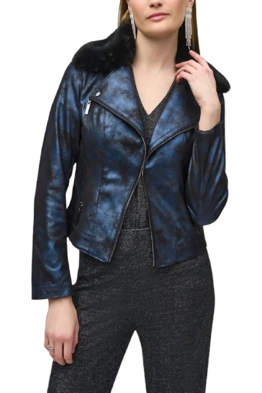 Foiled Suede Jacket With Faux Fur Collar In Blue / Black