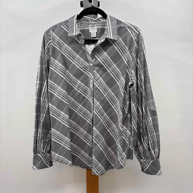 Chico's Women's Size L Gray Plaid Long Sleeve Shirt