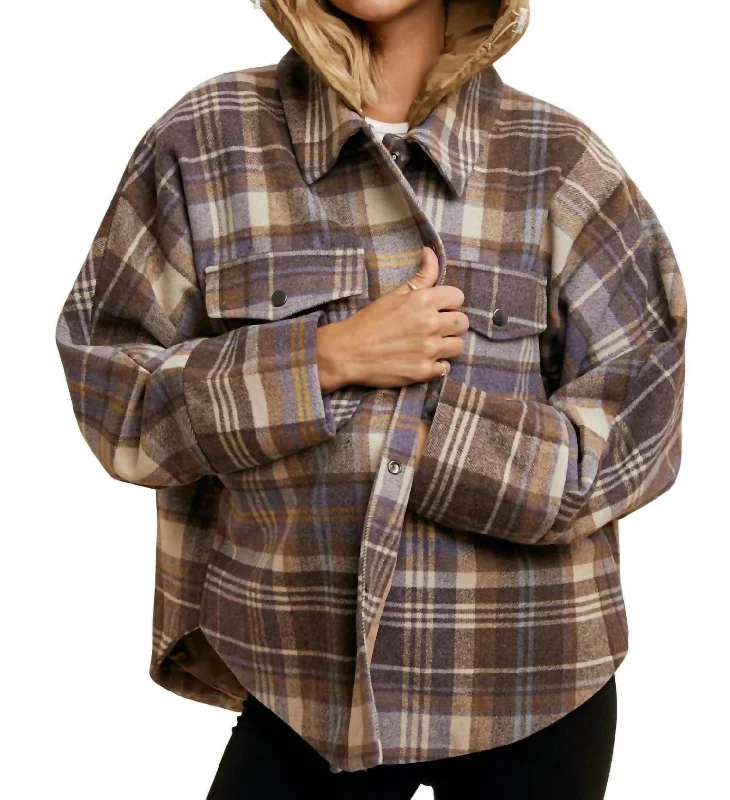 Plaid Jacket With Detachable Hood In Brown