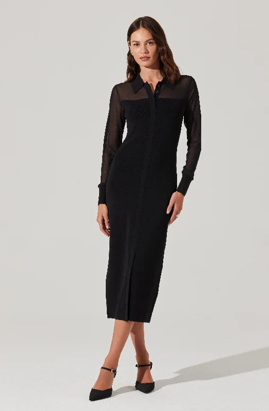 Contrast Mesh Collared Midi Dress