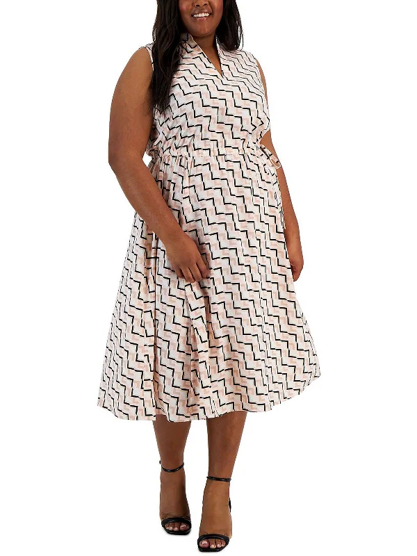 Plus Womens Sheer Geometric Print Midi Dress