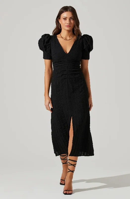 Puff Sleeve V Front Midi Dress