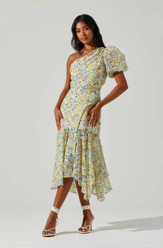 Santorini Floral One Shoulder Midi Dress