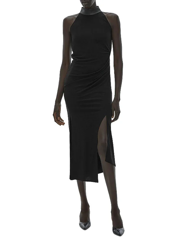 Womens Faux Leather Trim Midi Halter Dress