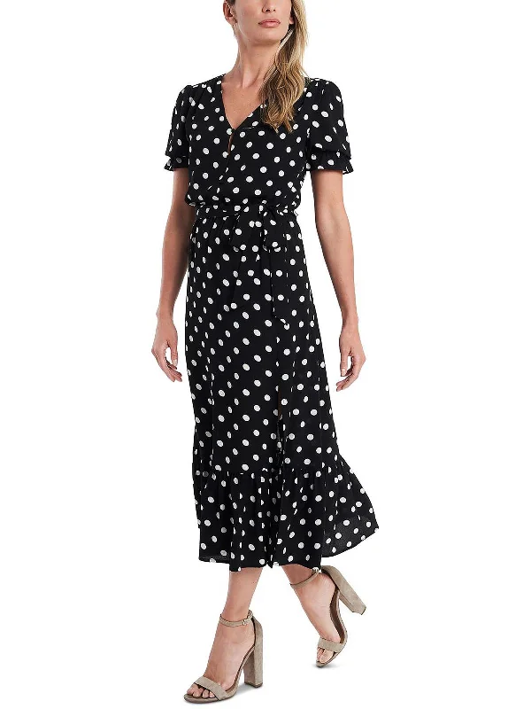 Womens Polka Dot Button Front Midi Dress