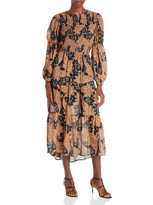 Womens Smocked Paisley Midi Dress