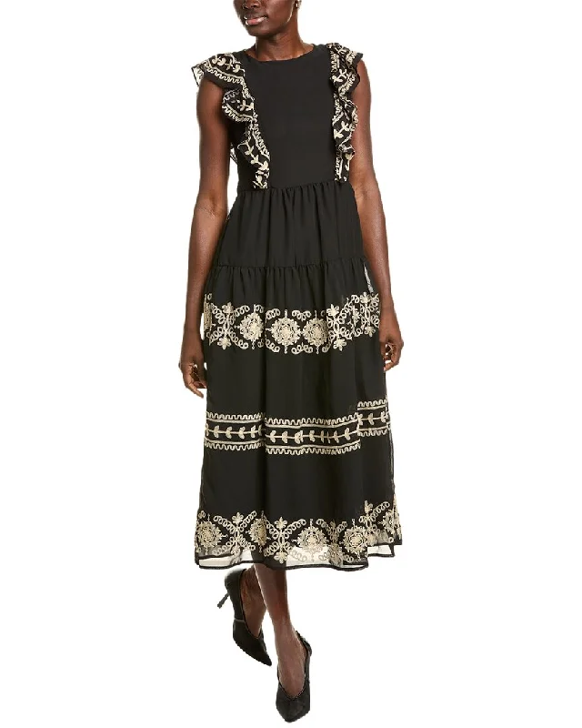 Anne Klein Embroidered Ruffle Sleeve Maxi Dress