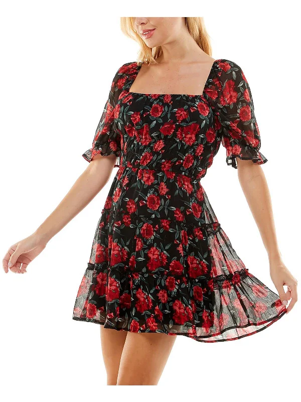 Juniors Emma Womens Floral Mini Fit & Flare Dress