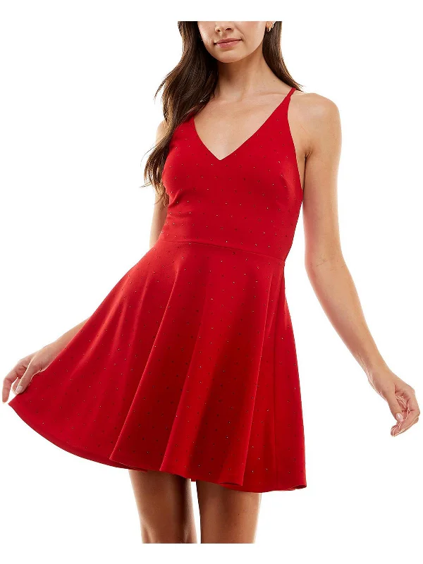 Juniors Womens V-Neck Mini Fit & Flare Dress