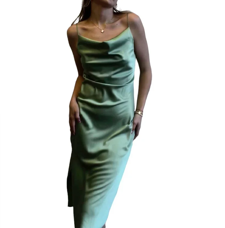 Nikki Cowl Neck Side Slit Maxi Dress In Green Fig