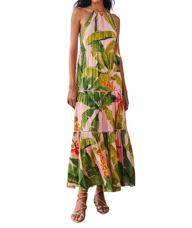 Sleeveless Maxi Dress In Banana Leaves Pink