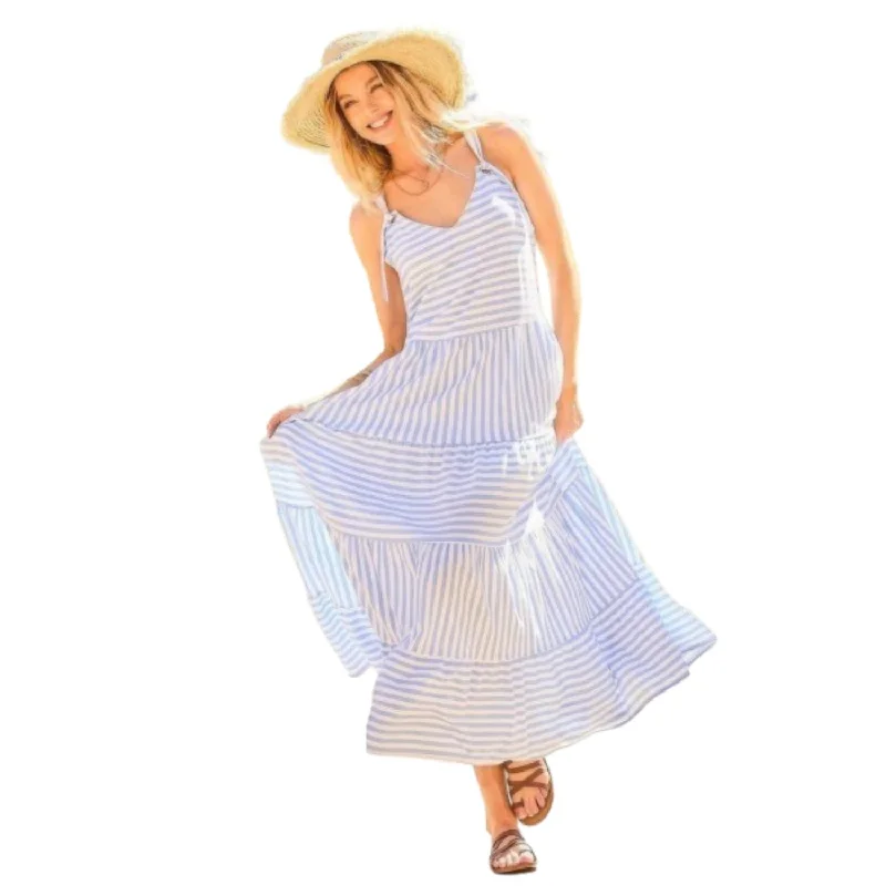 V-neck Tie Shoulder Strap Tier Stripe Print Maxi Oversize Dress