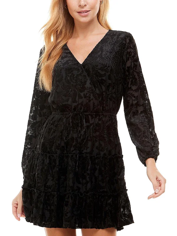 Womens Velvet V-Neck Mini Fit & Flare Dress