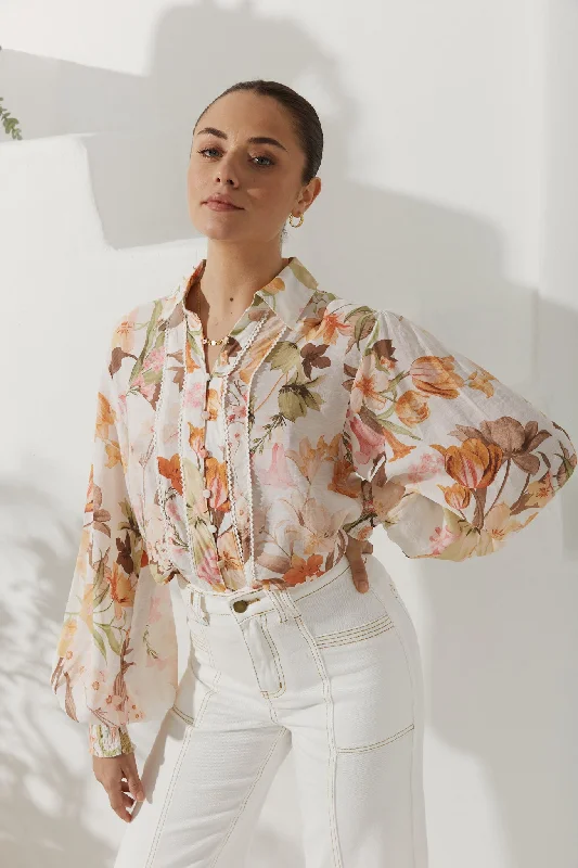 Lillian Orange Floral Balloon Sleeve Blouse