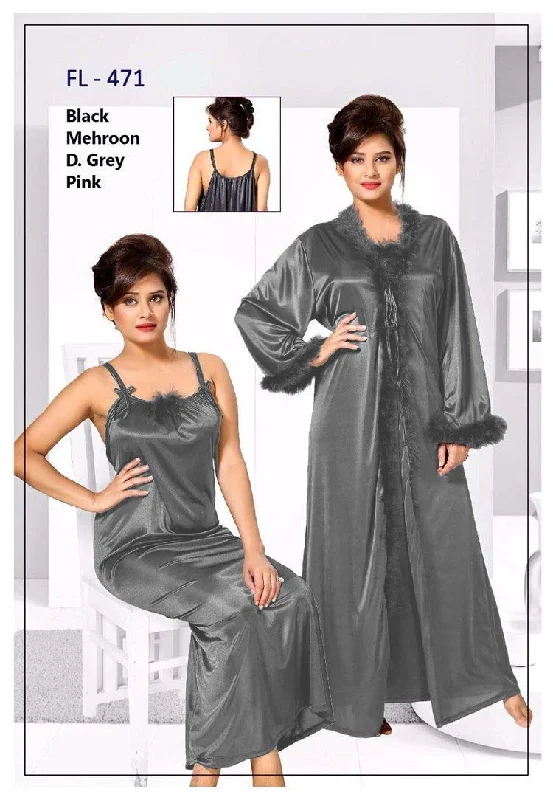 2 Pcs Grey FL-471 - Flourish Exclusive Bridal Nighty Set Collection