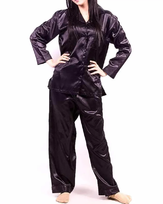 Black Polyester Solid Satin PJ Set