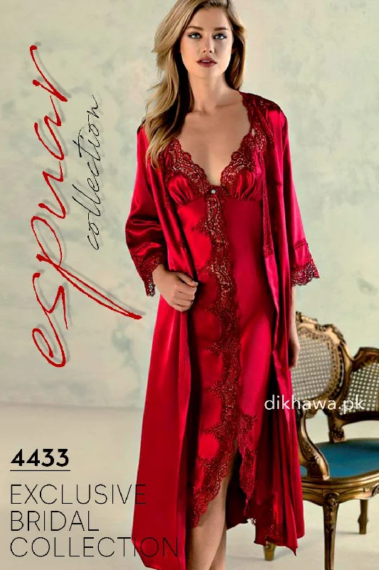 Espuar - Exclusive Bridal Wedding Honeymoon 2Pc Long Nighty Set with Robe Maroon 4433 - Turkish Brand