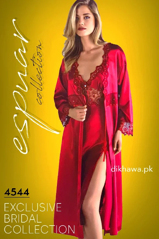 Espuar - Exclusive Bridal Wedding Honeymoon 2Pc Long Nighty Set with Robe Maroon 4544 - Turkish Brand