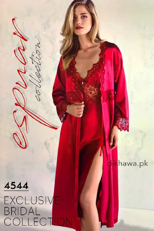 Espuar - Exclusive Bridal Wedding Honeymoon 2Pc Long Nighty Set with Robe Maroon 4544 - Turkish Brand