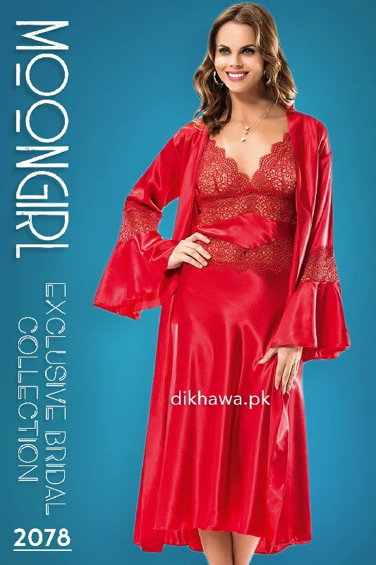 Moongirl - Exclusive Bridal Wedding Nightwear 2Pc Long Nighty Set with Robe 2078 - Turkish Brand