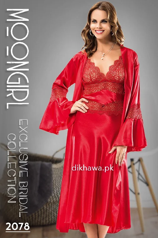 Moongirl - Exclusive Bridal Wedding Nightwear 2Pc Long Nighty Set with Robe 2078 - Turkish Brand