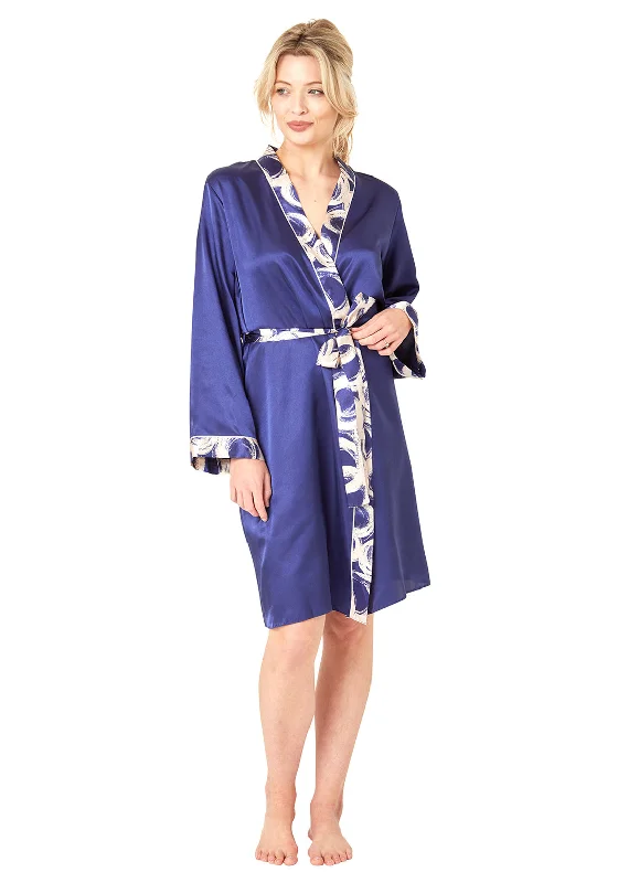 Indigo Sky Ring Print Satin Wrap Robe, Navy