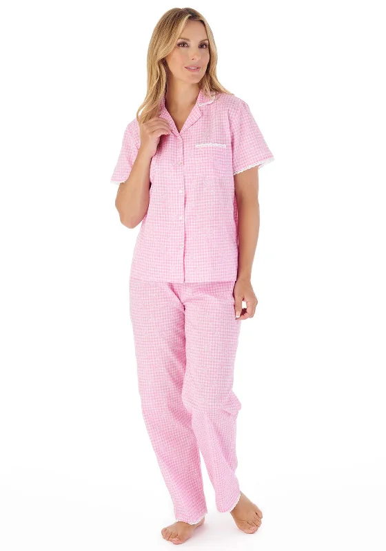 Slenderella Gingham Print Short Sleeve Pyjama Set, Pink