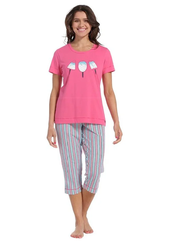 Rebelle Stripe Short Sleeve Capri Pyjama Set, Pink