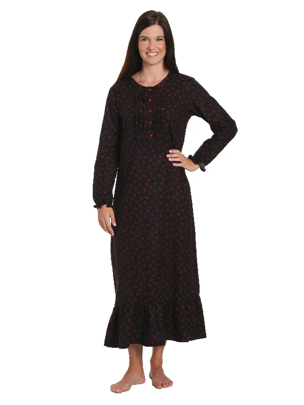 Women's Premium Flannel Long Gown - Doodle Hearts Black-Red