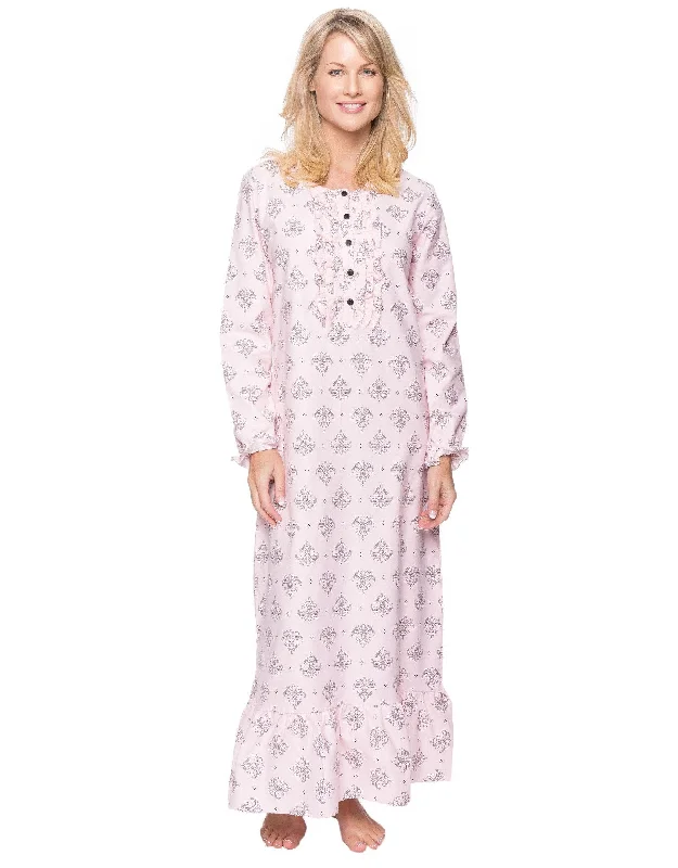 Women's Premium Flannel Long Gown - Fleur Pink/Black