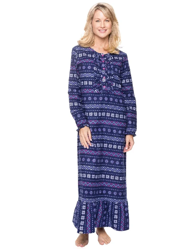 Women's Premium Flannel Long Gown - Nordic Snowflakes Blue