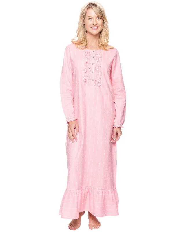 Women's Premium Flannel Long Gown - Stripes Pink