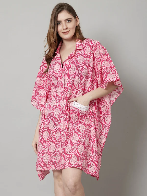 Women's Cotton Printed Short Kaftan Nighty/Loungewear- Pink